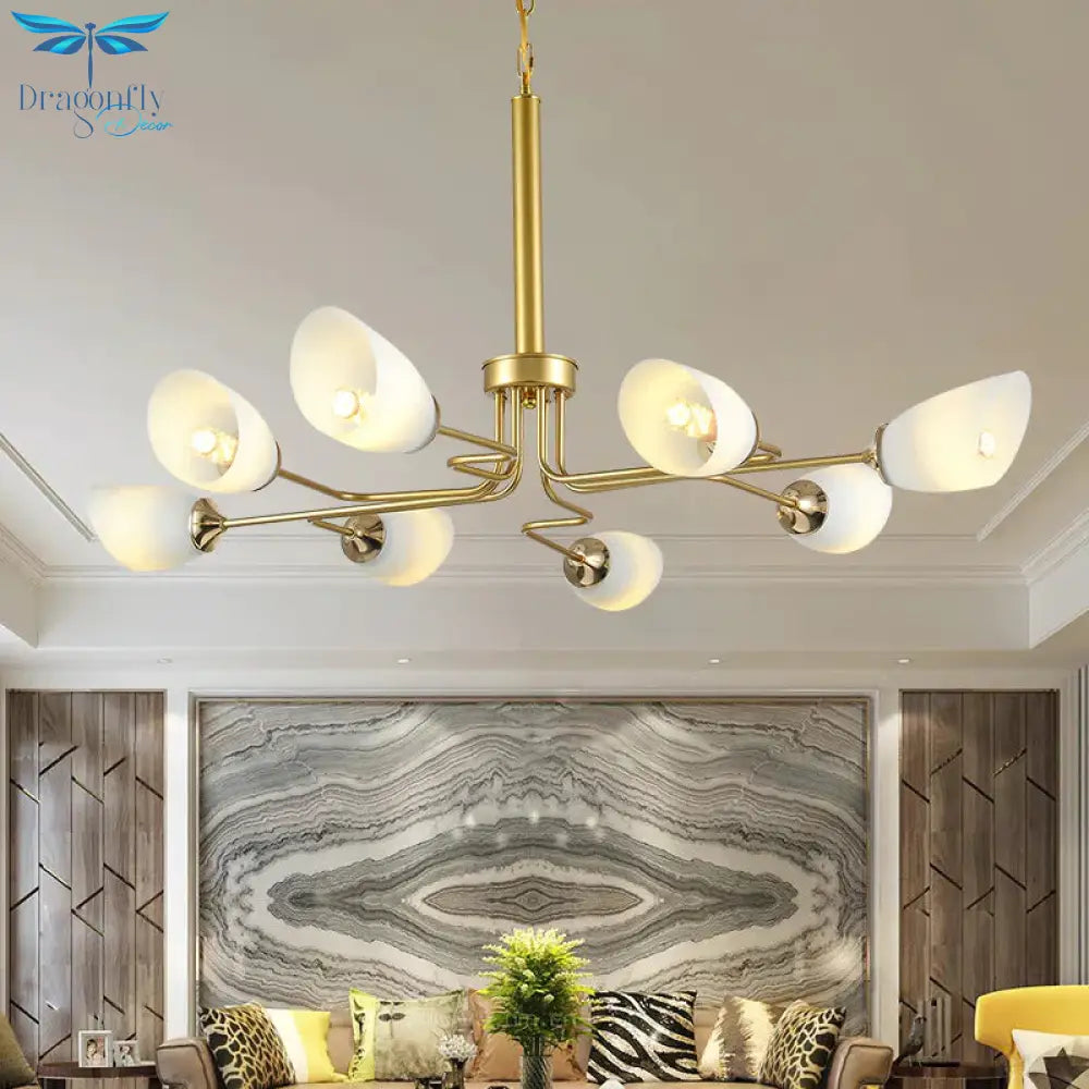 8 Lights Pendant Light Traditional Oval Frosted Glass Hanging Chandelier In Brass For Living Room