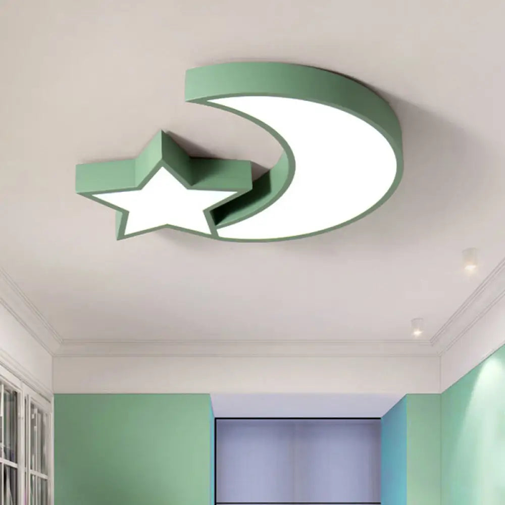 A Celestial Glow For Kids: Led Star And Moon Acrylic Flush Mount Ceiling Light Green / White