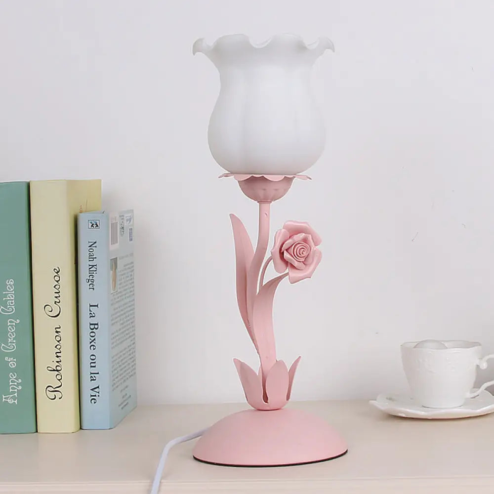 Acamar - Pastoral Rose Bud Table Light 1 Head Opal Matte Glass Nightstand Lamp With Pink/Blue/Green