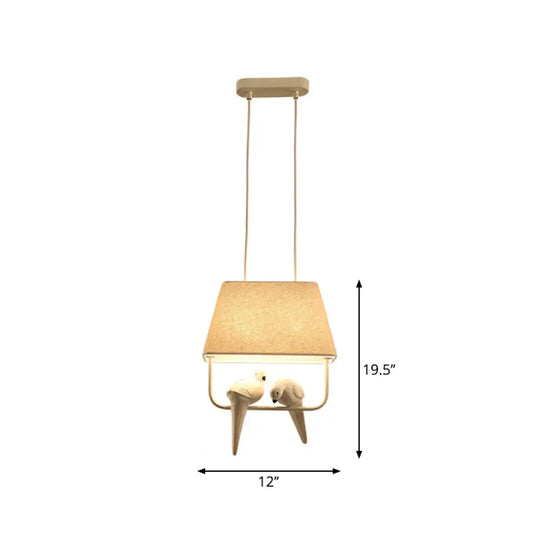 Adeline - Trapezoid Fabric Pendant Light With Resin Bird In Beige 2 /