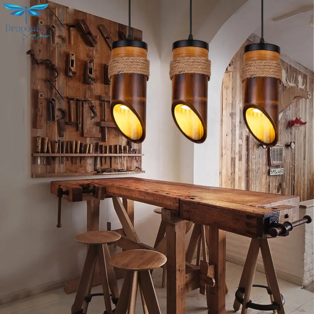 Adjustable Bamboo Hanging Pendant Lamp With 1 Light Bulb Brown Lighting