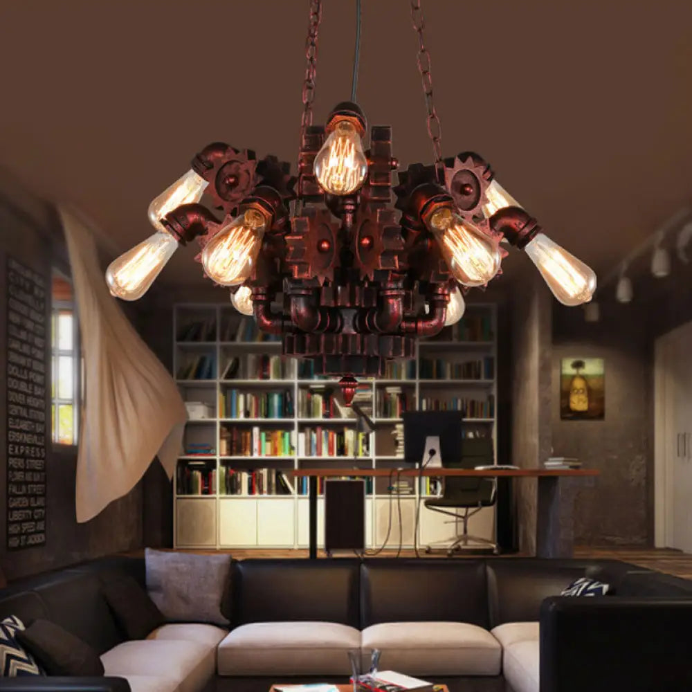 Alathfar - Vintage Gear Living Room Pendant Chandelier Wrought Iron 9 Lights Weathered Copper