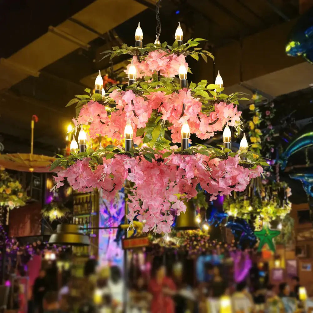 Alchiba - Pink 3 - Tier Candle Iron Chandelier Elegant 21 - Head Restaurant Flower