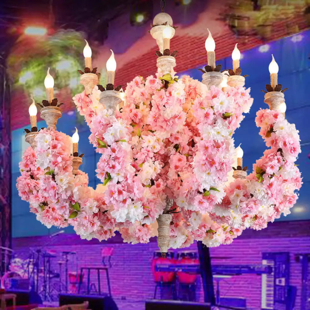 Alessia - Vintage Candle Restaurant Chandelier Light Metal 15 Heads Pink Flower Pendant Lighting