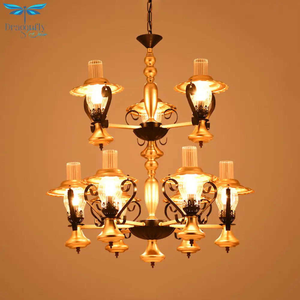 Algedi - Vintage Gold Lantern Hanging Chandelier 9 Lights Clear Ribbed Glass