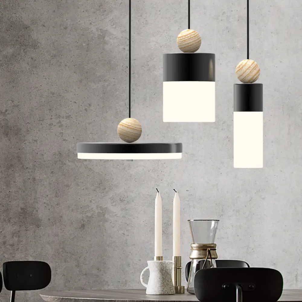 Alhena - Modernism Cylindrical Metal Suspension Light Led Black Pendulum With Round/Linear Canopy /