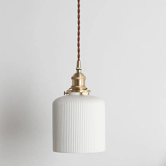 Alice - Rustic Ribbed Capsule Pendant Light In White And Brass / B