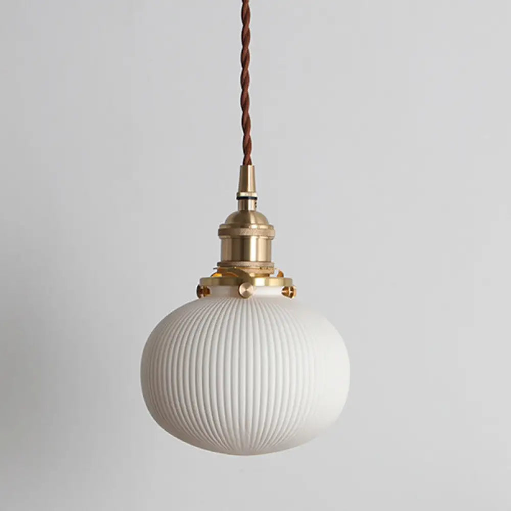 Alice - Rustic Ribbed Capsule Pendant Light In White And Brass / C