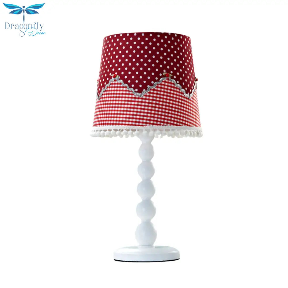 Alshat - Wooden Barrel Desk Lamp With Red Fabric Shade For Bedroom