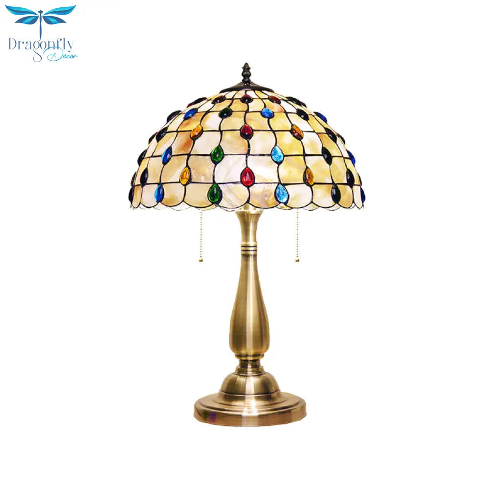 Altais - Gold Jewel - Embedded Grid Table Light Tiffany Shell 2 Bulbs Pull Chain Nightstand Lamp