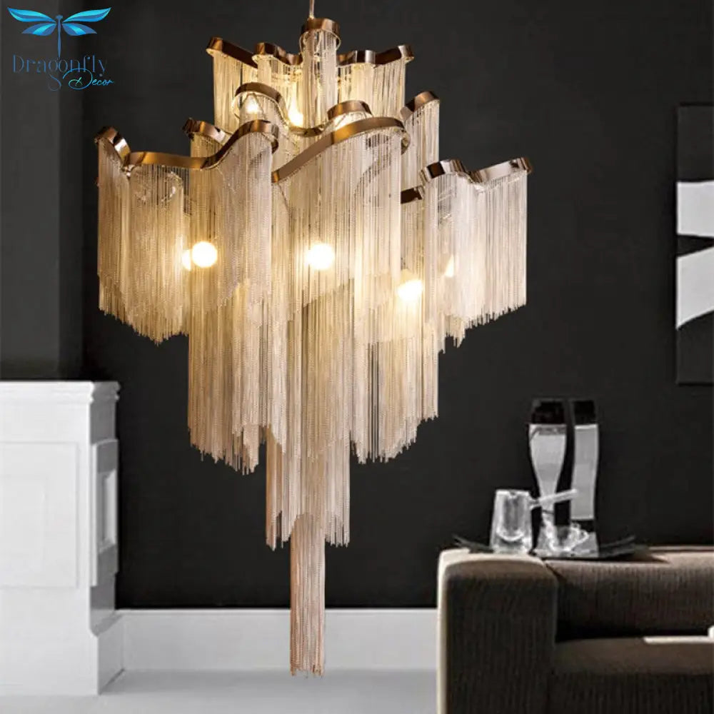 Aluminium Chain Chandelier Fringed Pendant Lamp Luxury Stair Silver Gold Ceiling Light For Home