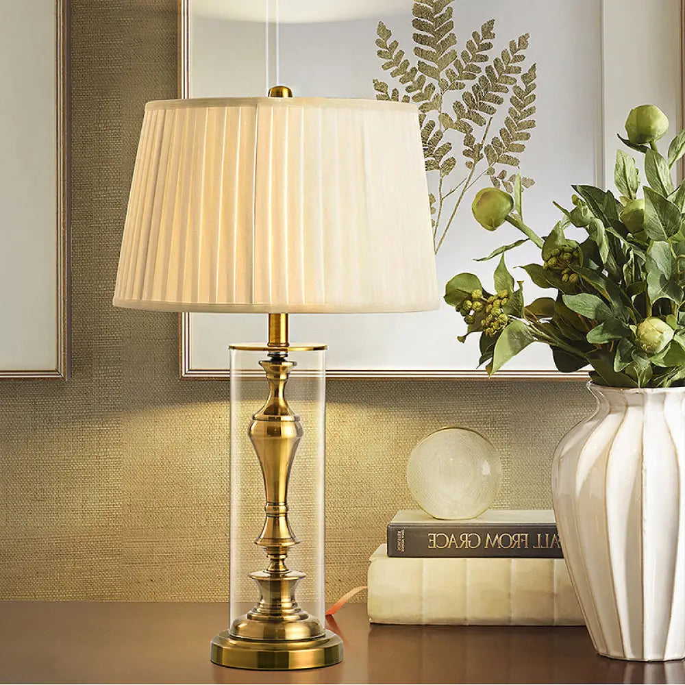Amaya - Gold 1 Light Night Table Countryside Fabric Empire Shade Nightstand Lamp With Metal