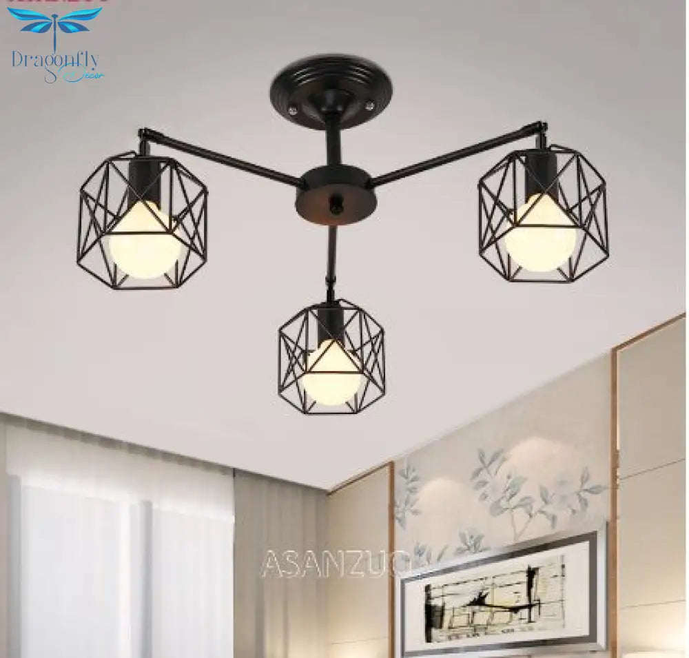 American Black Dendron Iron Cage Ceiling Lamp Kitchen Bedroom Living Room Modern Chandelier