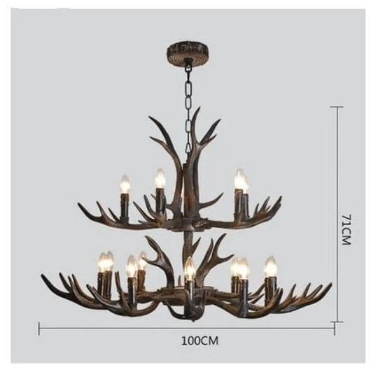 American Country Retro Style Antler 2 Tier Chandelier Lamp 15 Lights / Brushed Gold Black