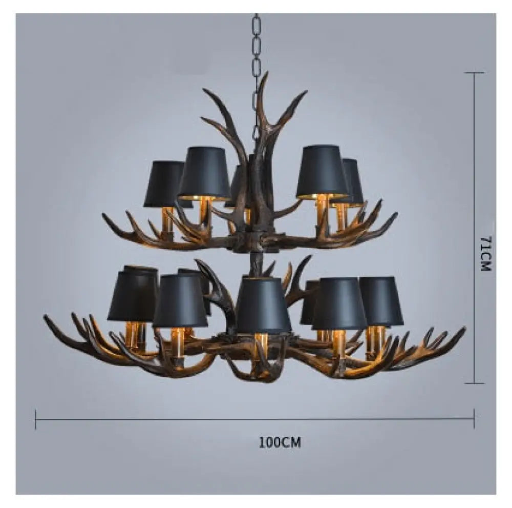 American Country Retro Style Antler 2 Tier Chandelier Lamp 15 Lights-Lampshade / Brushed Gold Black