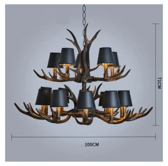 American Country Retro Style Antler 2 Tier Chandelier Lamp 15 Lights-Lampshade / Brushed Gold Black