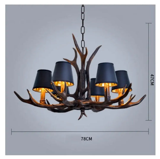 American Country Retro Style Antler 2 Tier Chandelier Lamp 6 Lights-Lampshade / Brushed Gold Black