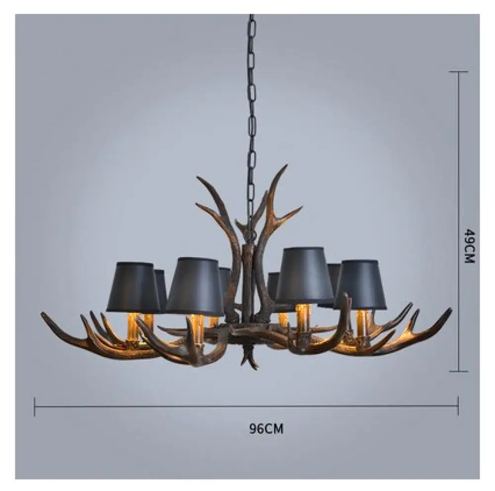 American Country Retro Style Antler 2 Tier Chandelier Lamp 8 Lights-Lampshade / Brushed Gold Black