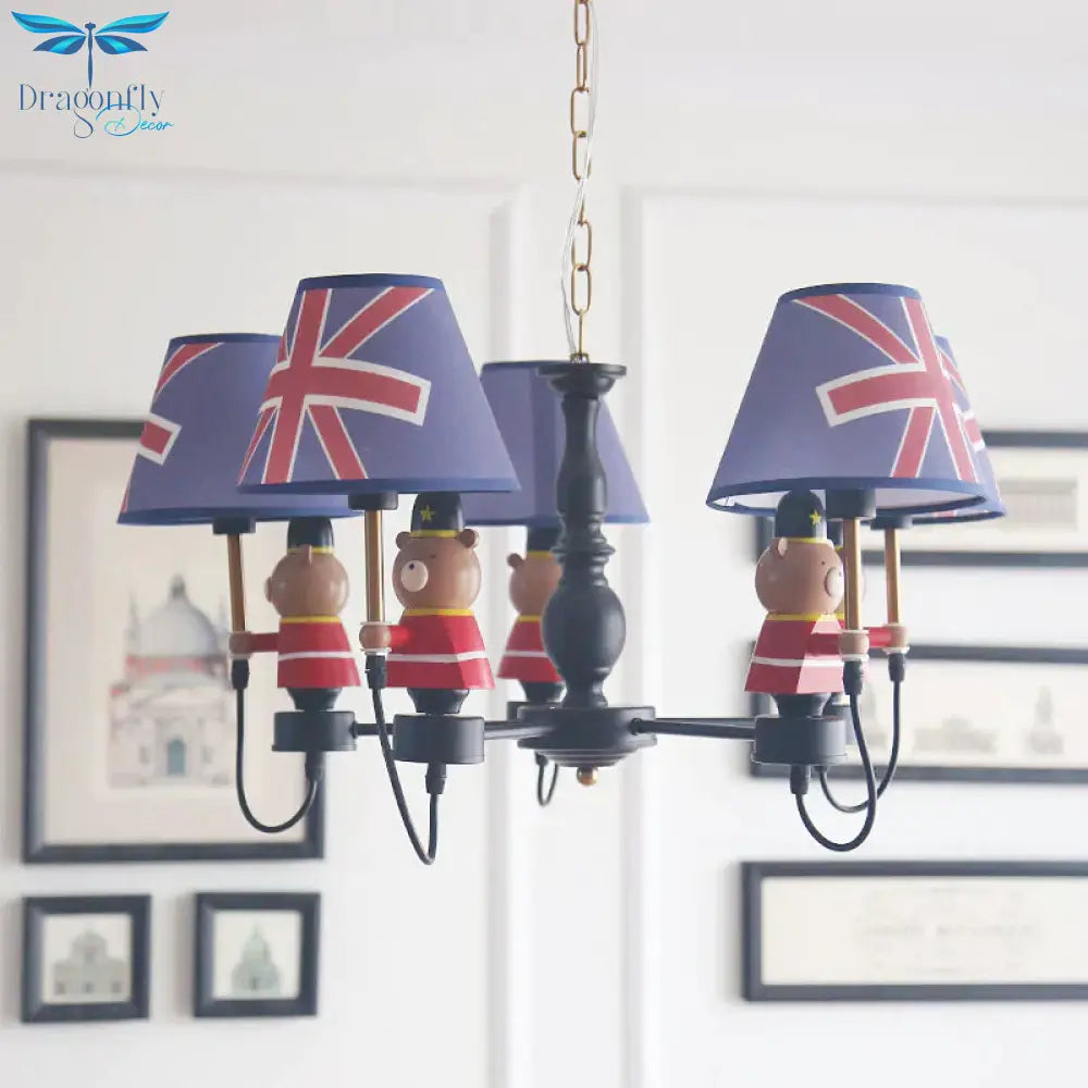 American Style Bear Chandelier Metal 5 Lights Blue Shade Hanging Pendant For Kid Bedroom