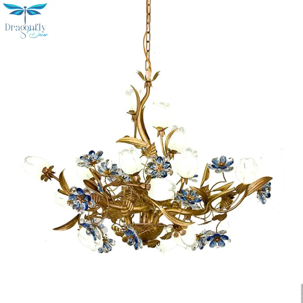American Vintage Chandelier Lighting E14 Bulb Luxury Crystal Blue Farmhouse Ceiling Pendant Lamp