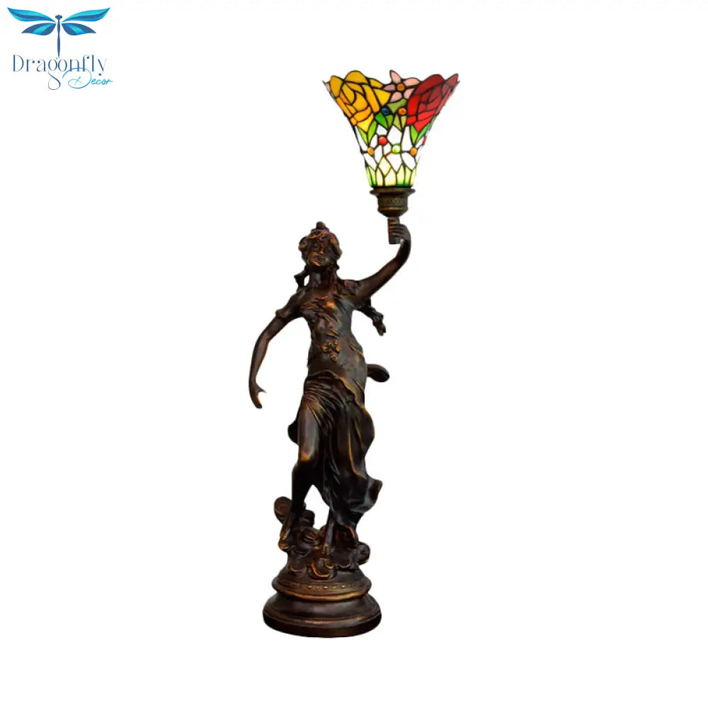 Andrea - Tiffany Flared Shade Stained Glass Night Light Style 1 Head Coffee Table Lamp With Angel