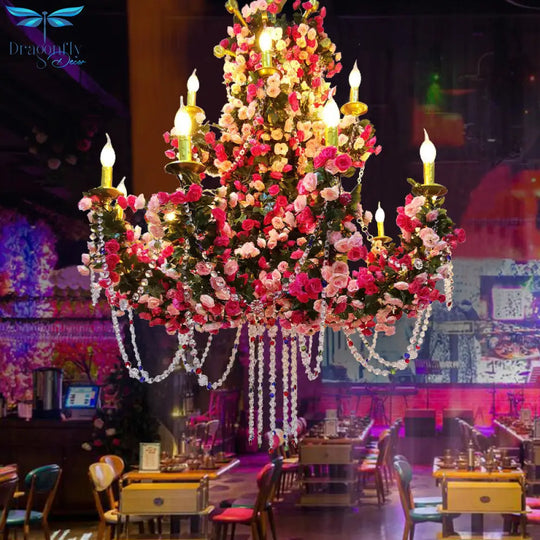 Anna - Antique Candle Ceiling Chandelier 8 Bulbs Metal Led Flower Drop Lamp In Pink For Restaurant