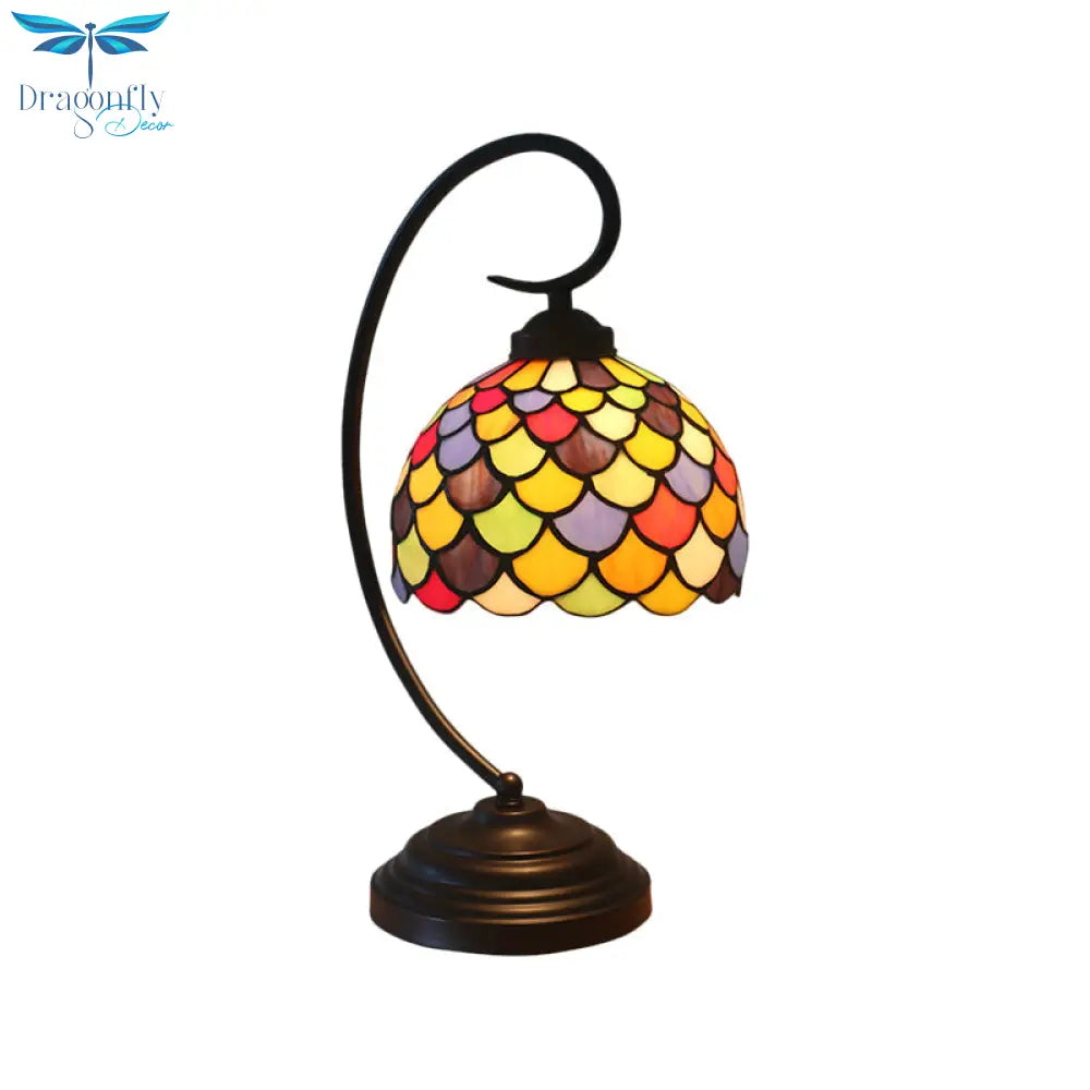 Anna - Tiffany Bronze Dome Shaped Night Table Light 1 Stained Glass Nightstand Lamp With Fishscale