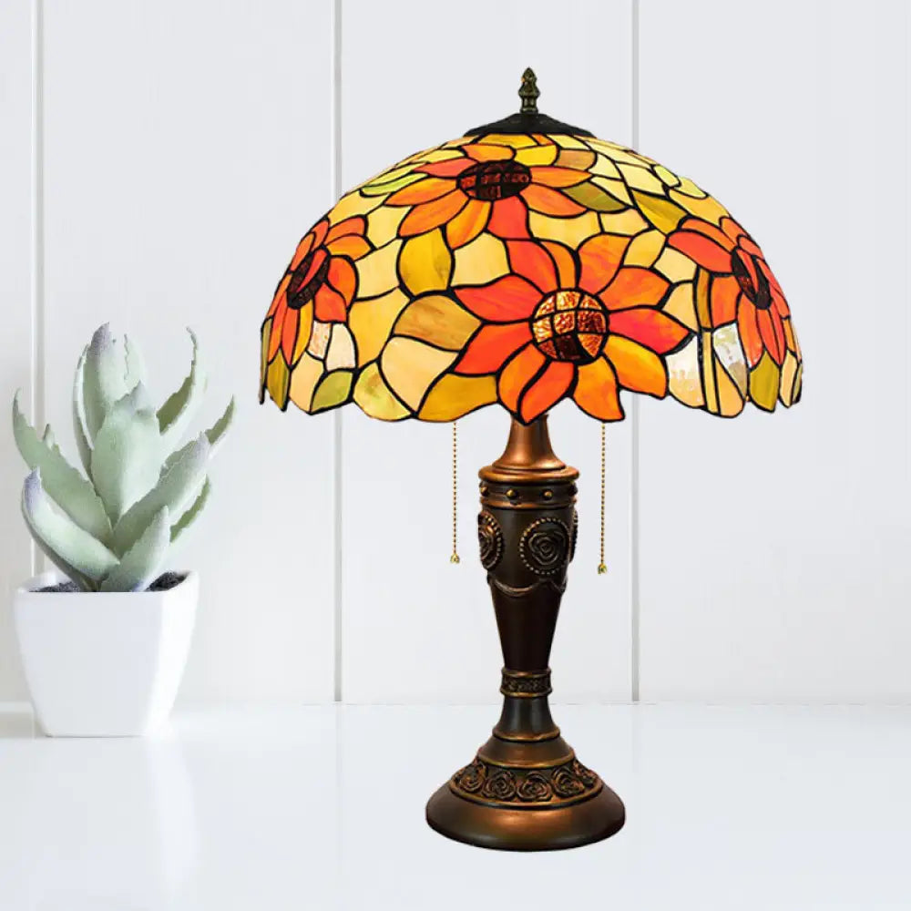 Annabelle - Red/Orange Glass Tiffany Night Lamp With Carved Base Orange
