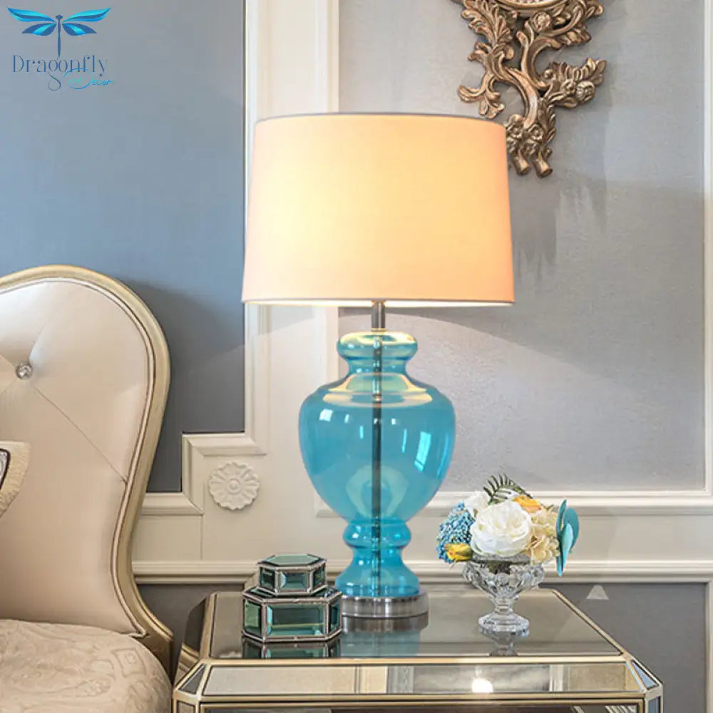 Annamaria - Retro 1 Head Table Lighting Bedroom Nightstand Lamp With Urn Blue Glass Base And Drum