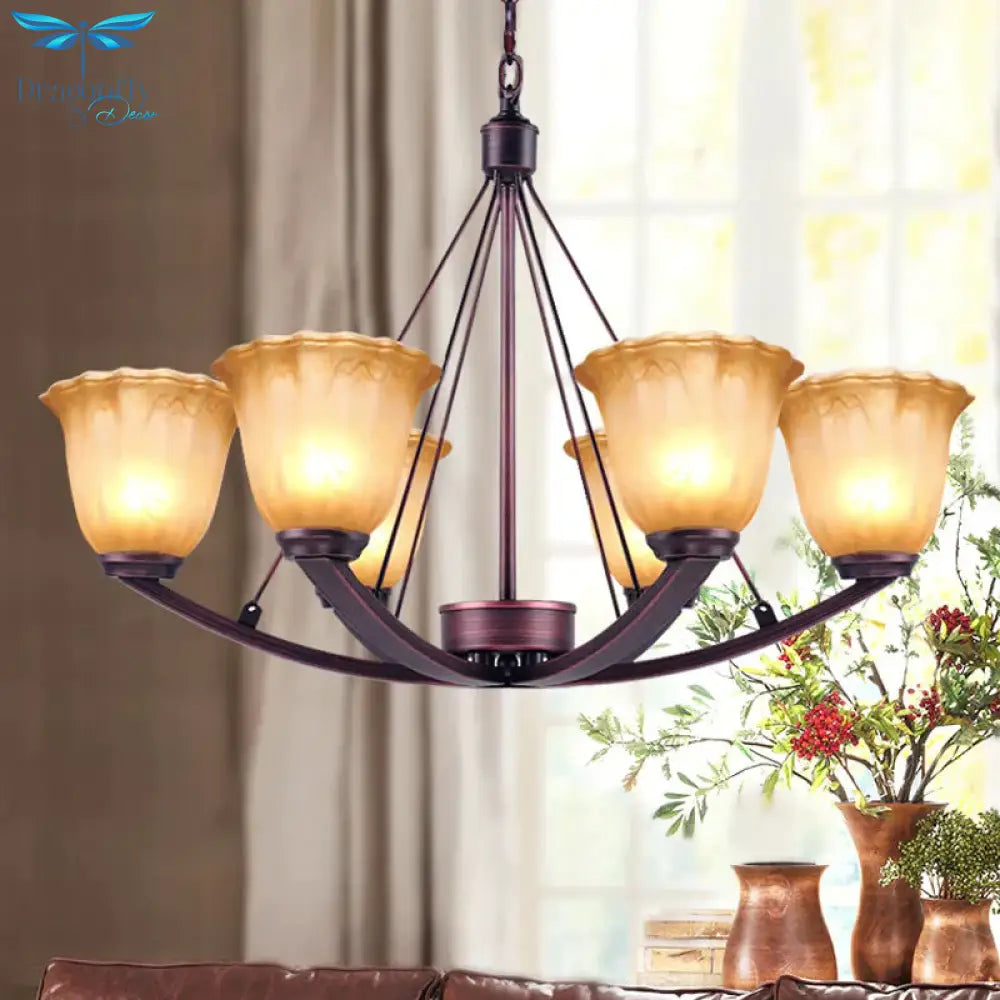 Antique Bell Chandelier Pendant Light 6/8 Bulbs Frosted Glass Hanging Lamp In Copper For Living Room