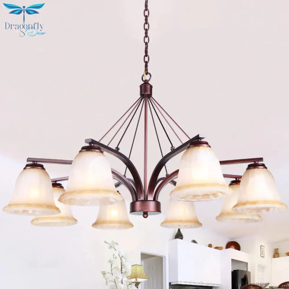 Antique Bell Chandelier Pendant Light 6/8 Bulbs Frosted Glass Hanging Lamp In Copper For Living Room