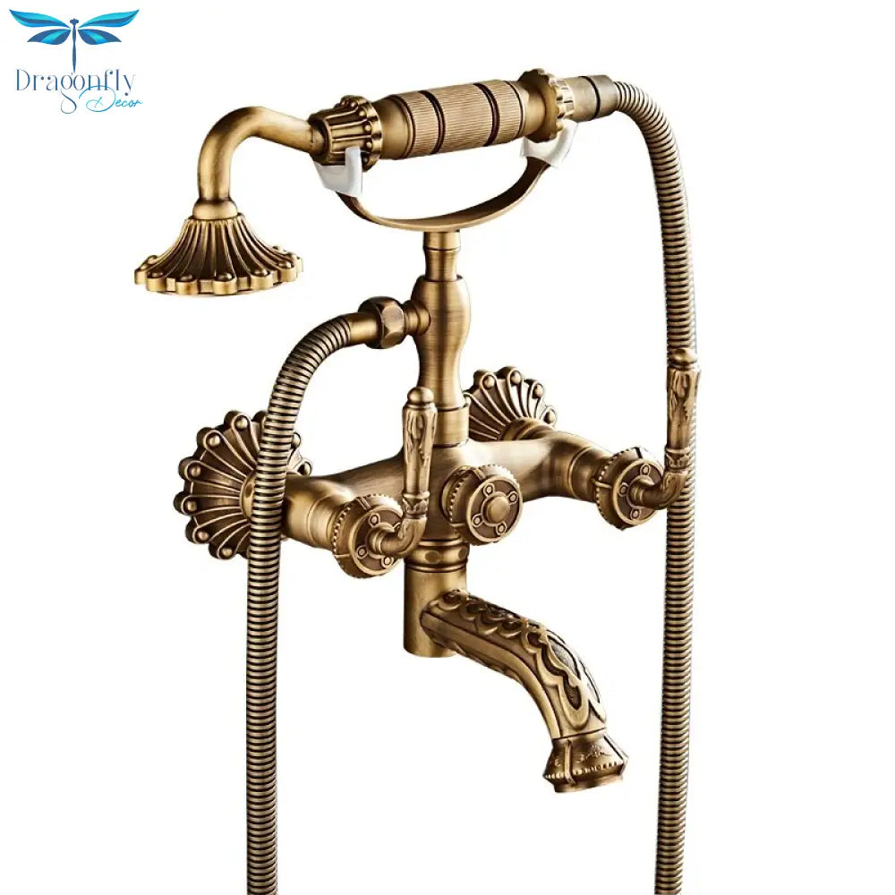 Antique Brass Bathtub Shower Faucets Set Wall Mounted Bath Swivel Tub Spout Dual Control Carved
