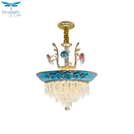 Antique Chandelier Crystal Drop Lamp With Handmade Rose Trim In Blue/Beige