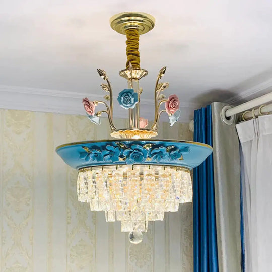 Antique Chandelier Crystal Drop Lamp With Handmade Rose Trim In Blue/Beige Blue / 17’