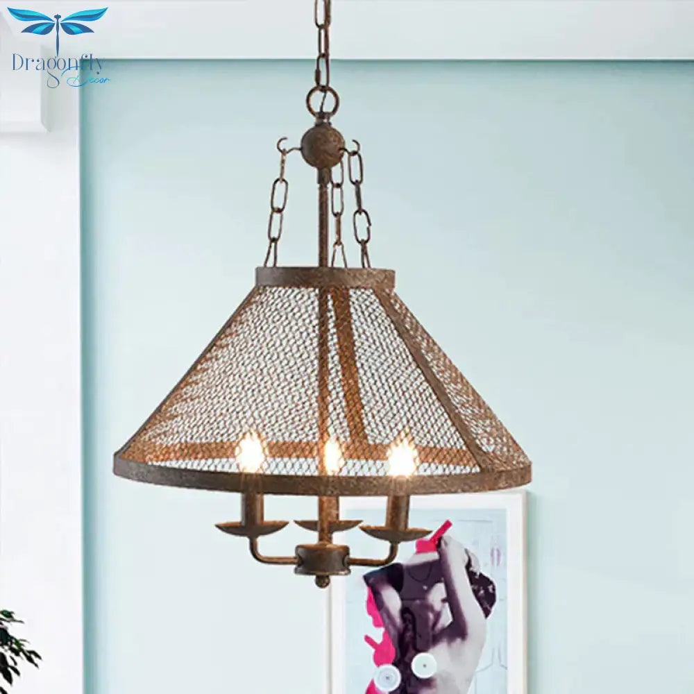 Antique Mesh Flared Pendant Light With Candle 3 Lights Metal Chandelier Lamp In Dark Rust For