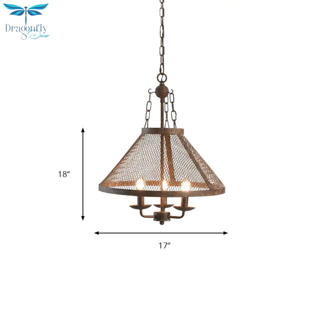 Antique Mesh Flared Pendant Light With Candle 3 Lights Metal Chandelier Lamp In Dark Rust For