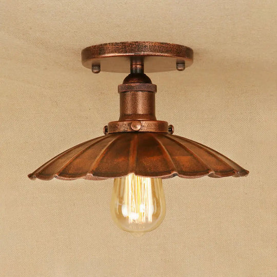 Antique - Style Scalloped Shade Semi Flush Mount Lighting - 1 - Head Iron Fixture In Rust/Black For
