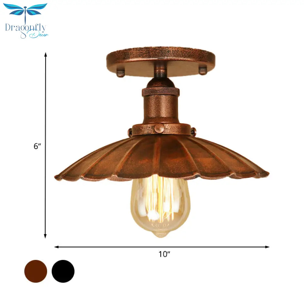 Antique - Style Scalloped Shade Semi Flush Mount Lighting - 1 - Head Iron Fixture In Rust/Black For