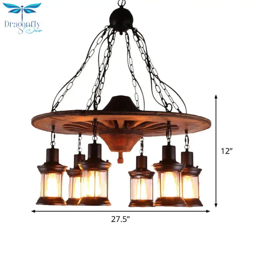 Antique Wooden Style Wheel Chandelier 6 Heads Black Ceiling Light With Lantern Clear Glass Shade