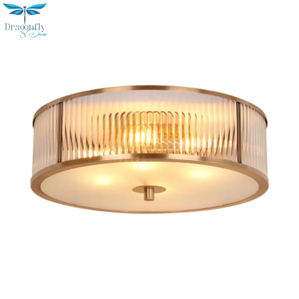 Antiqued Opaline Glass 3 - Head Brass Flush Mount Light With Fluted Drum Design For Bedrooms Ceiling