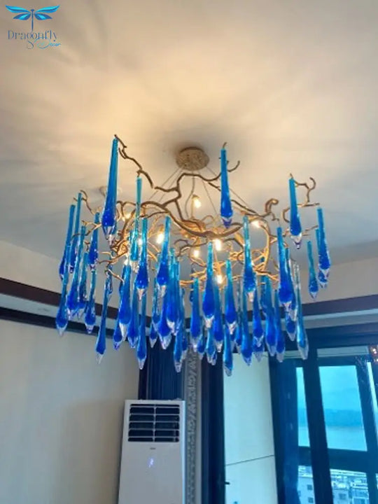 Artistic Blue Crystal Bedroom And Dining Room Light - All Copper Twigs Design Chandelier