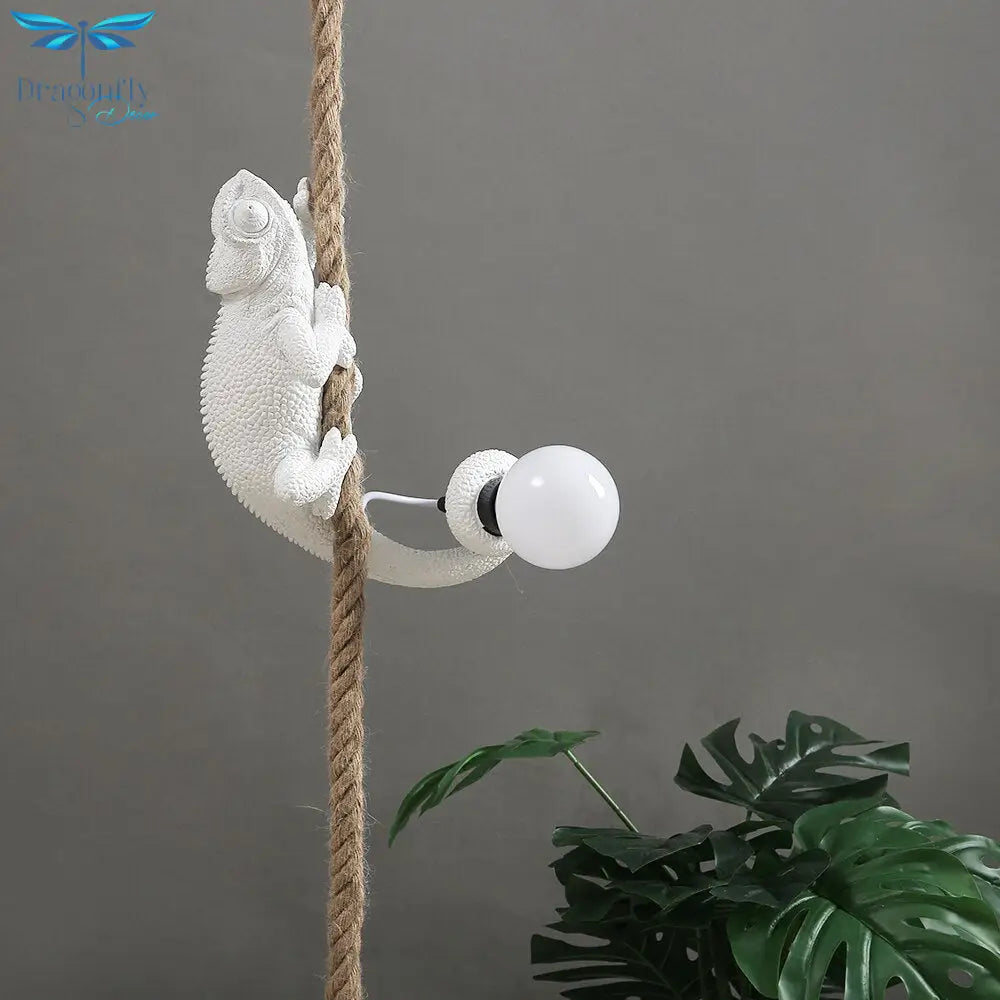 Artistic Resin Chameleon Pendant Light - White Hemp Rope Lamp For Living Room Study Unique Led