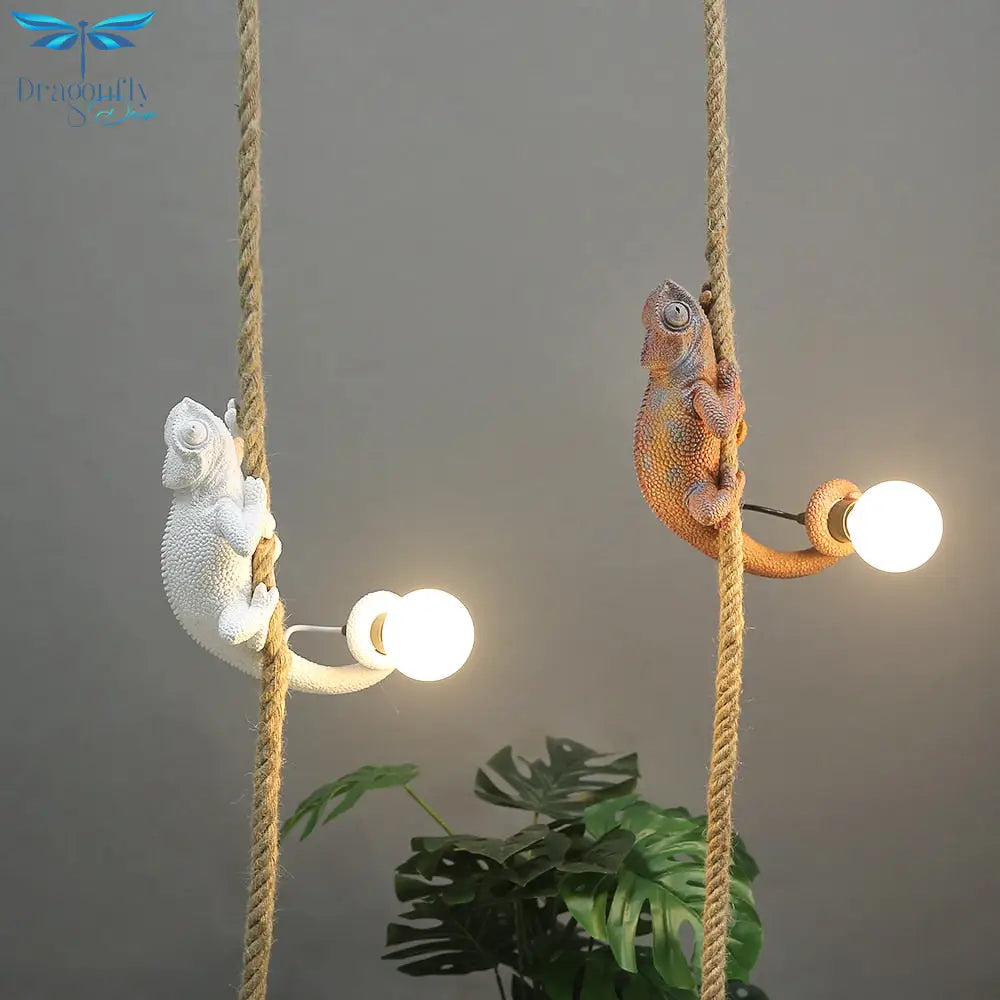 Artistic Resin Chameleon Pendant Light - White Hemp Rope Lamp For Living Room Study Unique Led