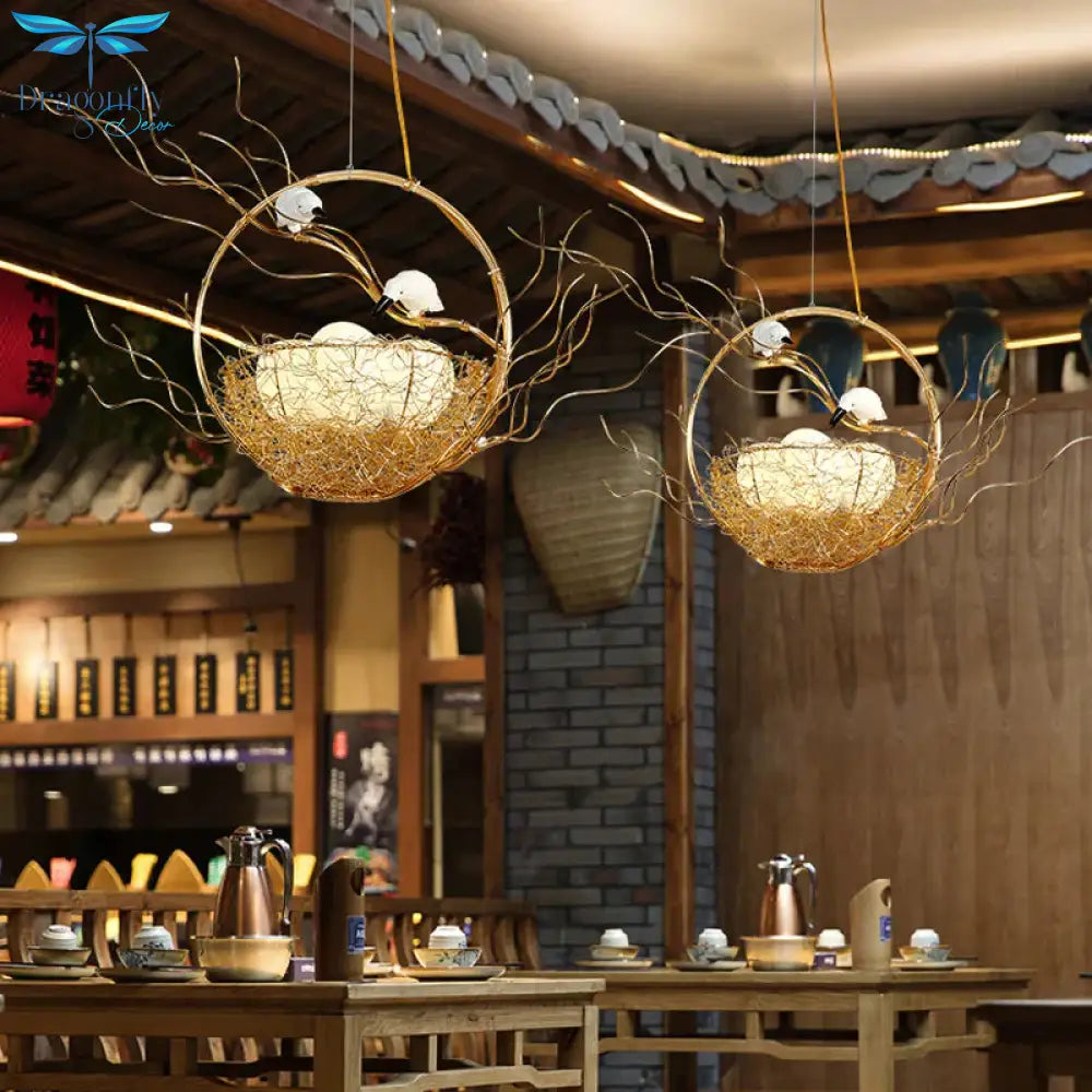 Artistry 3 - Light Chandelier Pendant Golden Aluminum Basket Hanging Lamp With Birds And Matte