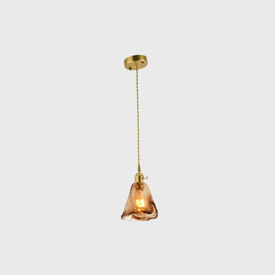 Aubrey - Vintage Handmade Brass Shaded Drop Pendant Tan Glass 1 - Bulb Pendulum / Cone
