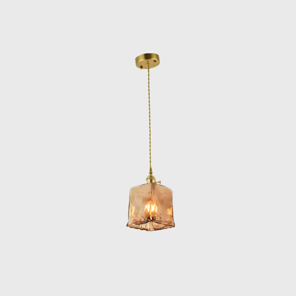 Aubrey - Vintage Handmade Brass Shaded Drop Pendant Tan Glass 1 - Bulb Pendulum / Rectangle