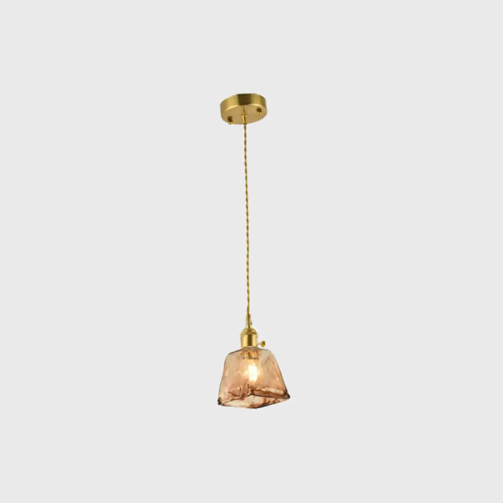 Aubrey - Vintage Handmade Brass Shaded Drop Pendant Tan Glass 1 - Bulb Pendulum / Trapezoid