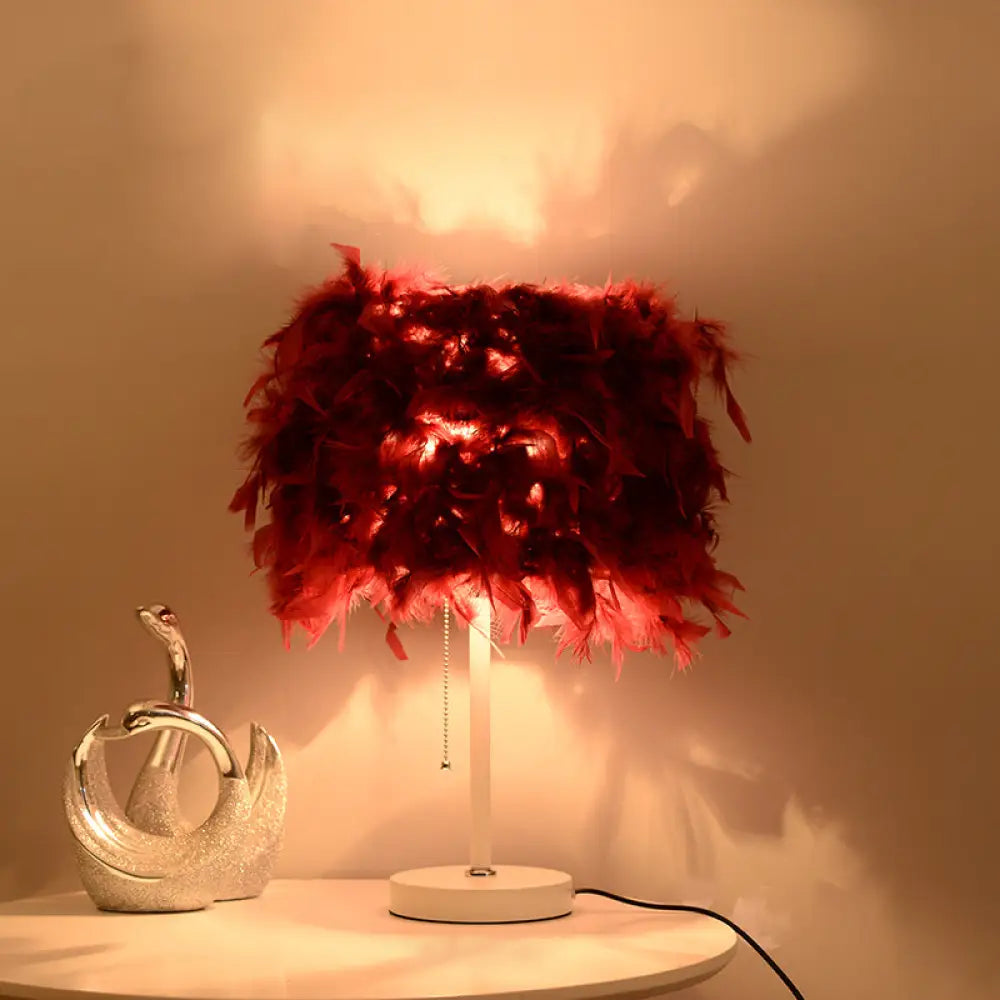 Avery - Romantic White/Red/Pink Cylindrical Table Lamp Modern 1 Bulb Feather Pull - Chain
