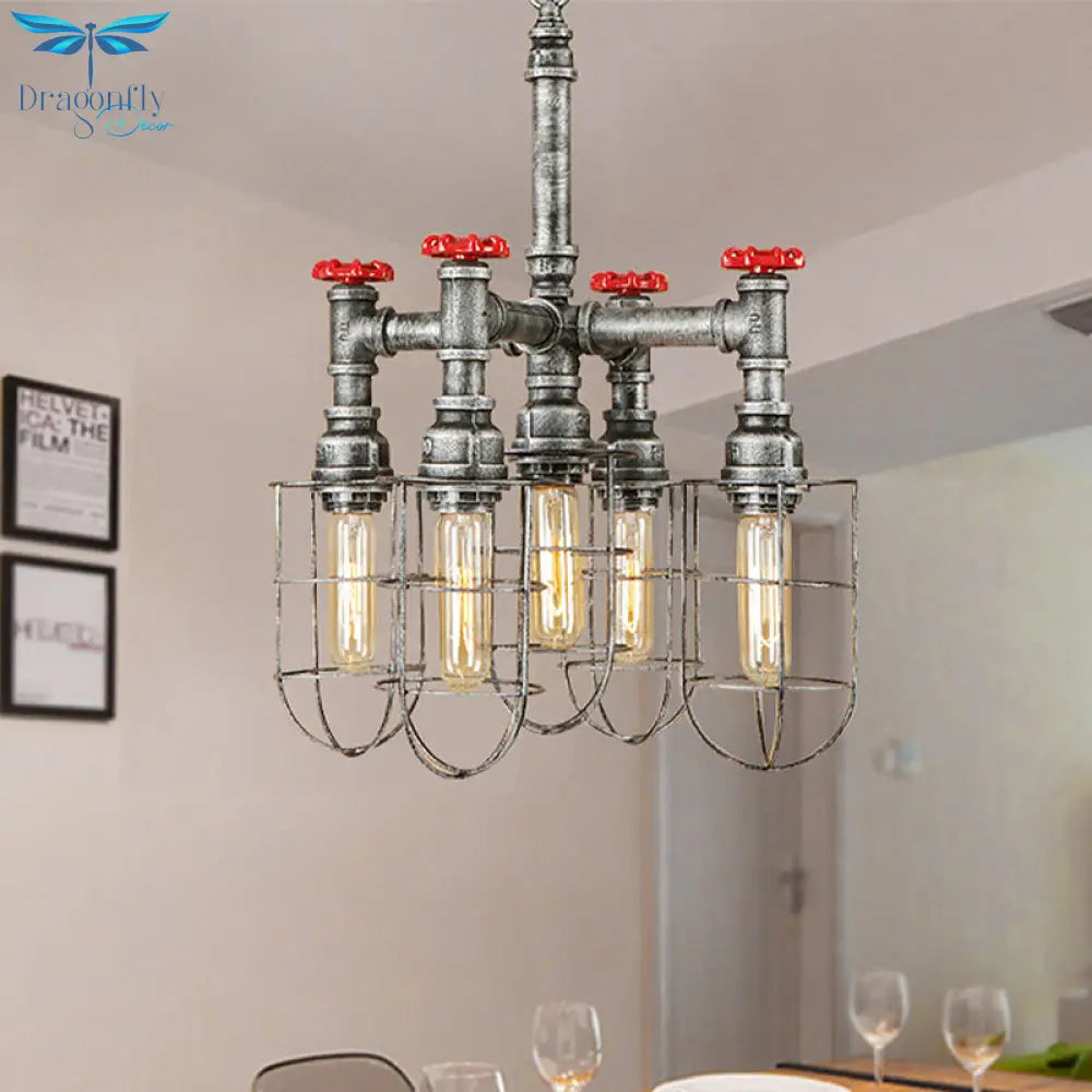 Bailey - Silver 5 - Head Hanging Lighting Chandelier Pendant With Cage