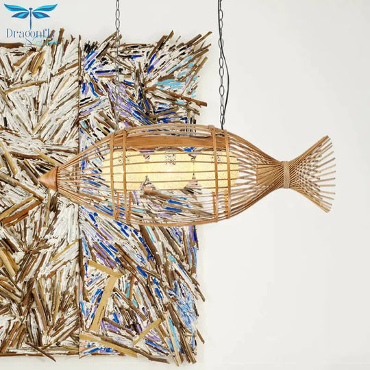 Bamboo Fish Shaped Chandelier Lighting Asian Style 39’/57’ W 3 Bulbs Beige Hanging Light With